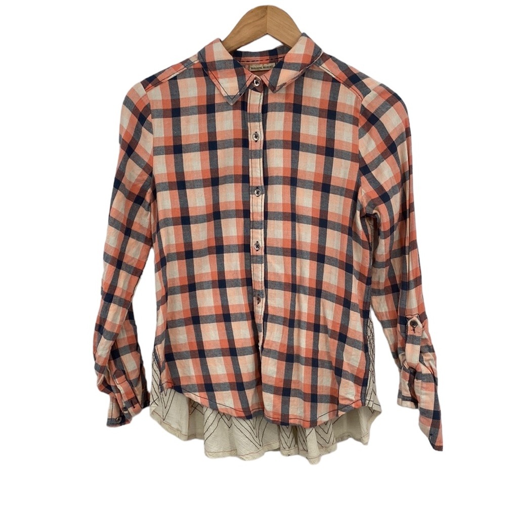 Anthropologie Holding Horses Top Womens 2 Cream 100% Cotton Plaid Button Front